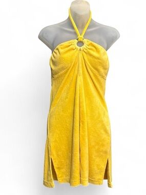 Echo Yellow halter terry cloth mini dress  Coverup with ring detail
